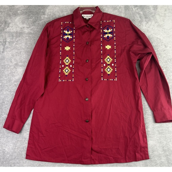 Bechamel Blouse M Red Native American Embroidery Metal‎ Indian Head Buttons VTG - Picture 4 of 13